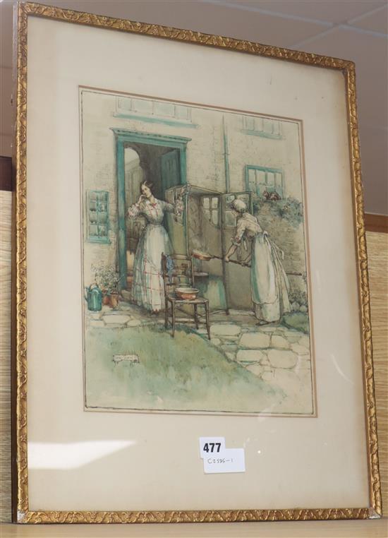 Sybil Tawse (fl.1900-1940) watercolour,  Women warming a Sedan chair seat, signed, 34 x 28cm